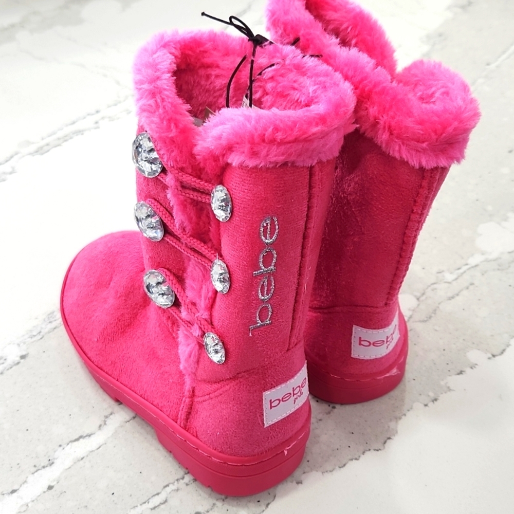 โจ BEBE Sparkle Queen Toddler Boots | Hot Pink Faux Fur & Rhinestone Glam โจ - Picture 3 of 6